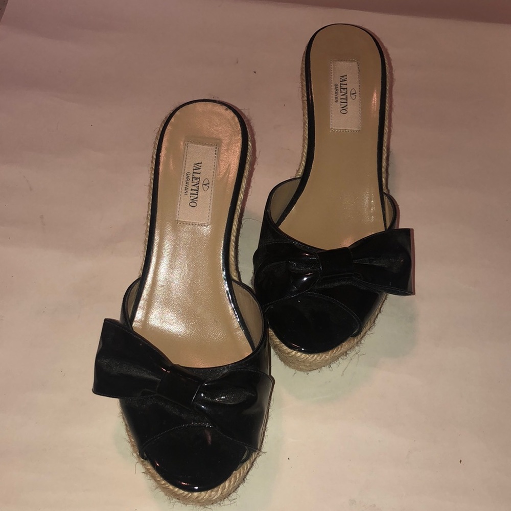 Valentino Black Patent Leather Bow Women Wedges - Picture 1 of 5